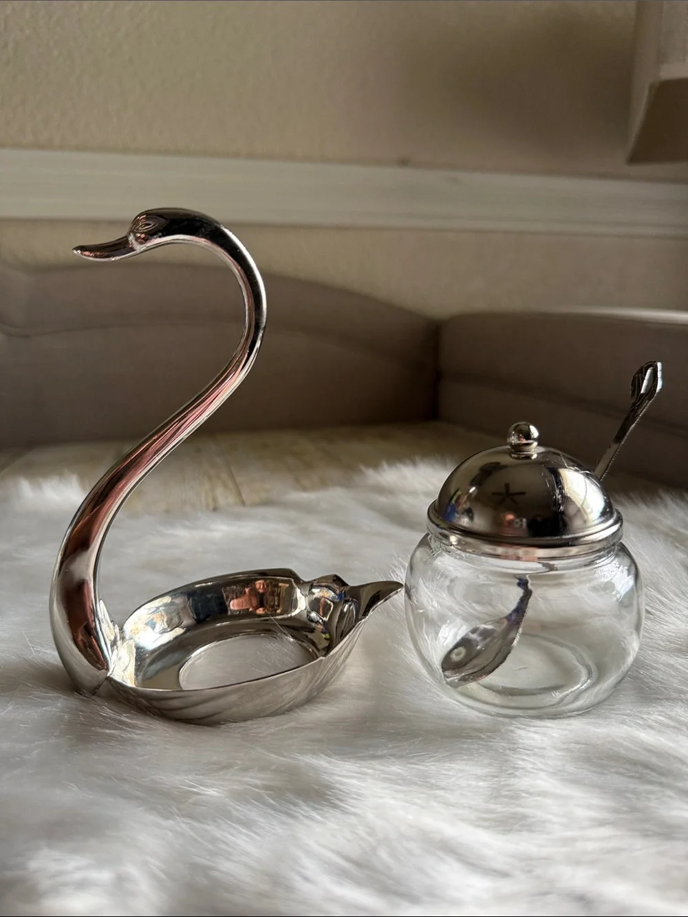 Vintage Silver Swirl Swan Glass Jam Pot with Lid & Spoon